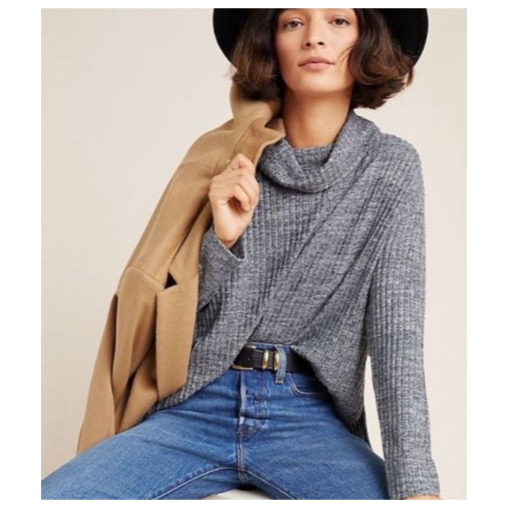 MAEVE Gray Cowl Neck Ribbed Lightweight Long Sleeve Pullover - Picture 1 of 5